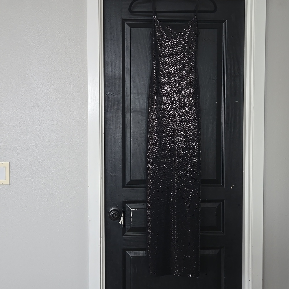 Bebe Black Sequin Bodycon Slip Maxi Dress Gown Size Small